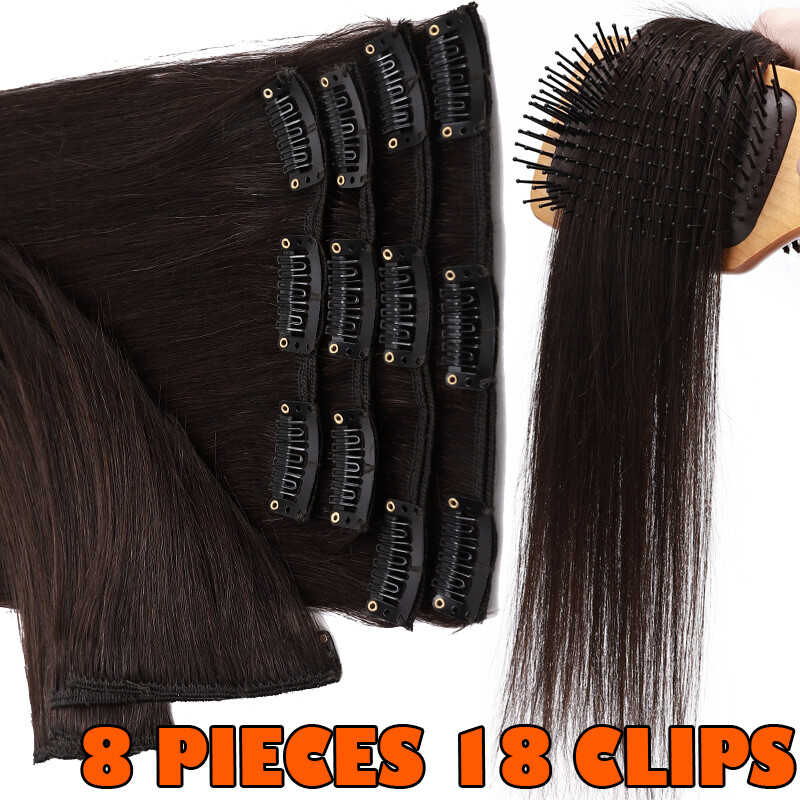Multi/Color 100% Real Human Hair Clip In Remy Hair Extensions Full Head 8 Pieces