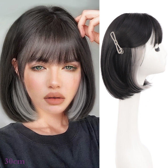 Women Black Bob Wigs With Bangs Gray Hair Highlight Synthetic Party Fashion Wigs