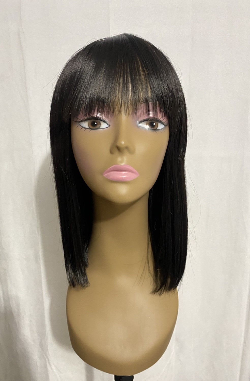 12 Inch Short Straight Yaki Bob Wig With Bangs Synthetic Non-Lace Black New