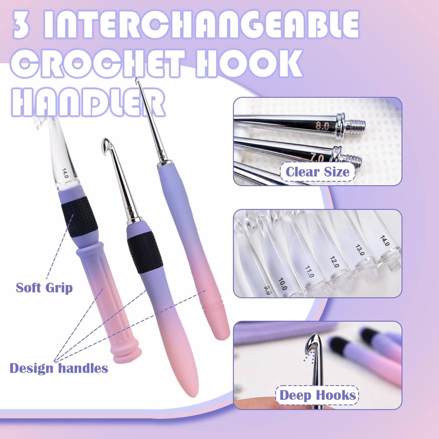 Lewhoo 18 Size Interchangeable Crochet Hooks 2.0-14.0mm, Blue-purple gradient