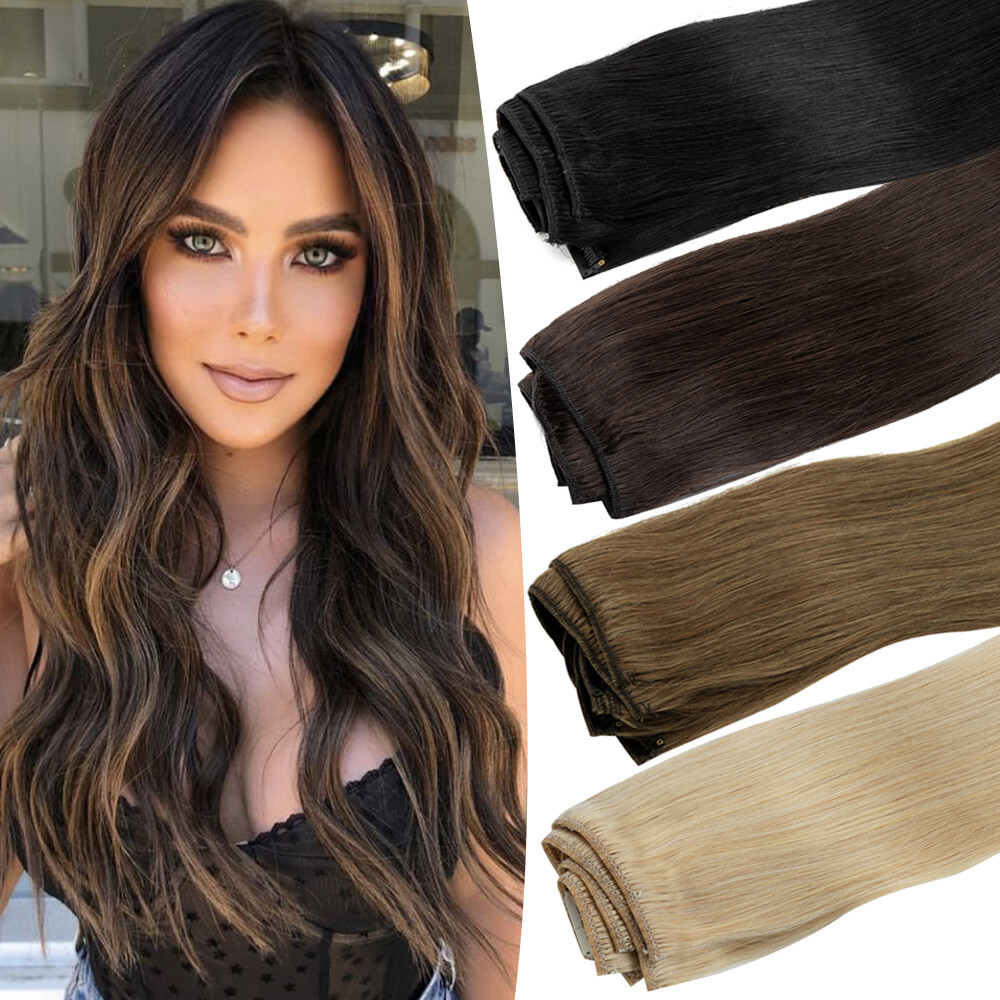 Clip in Extensions Thick Double Weft Remy Human Hair FULL HEAD BLONDE+Balayage