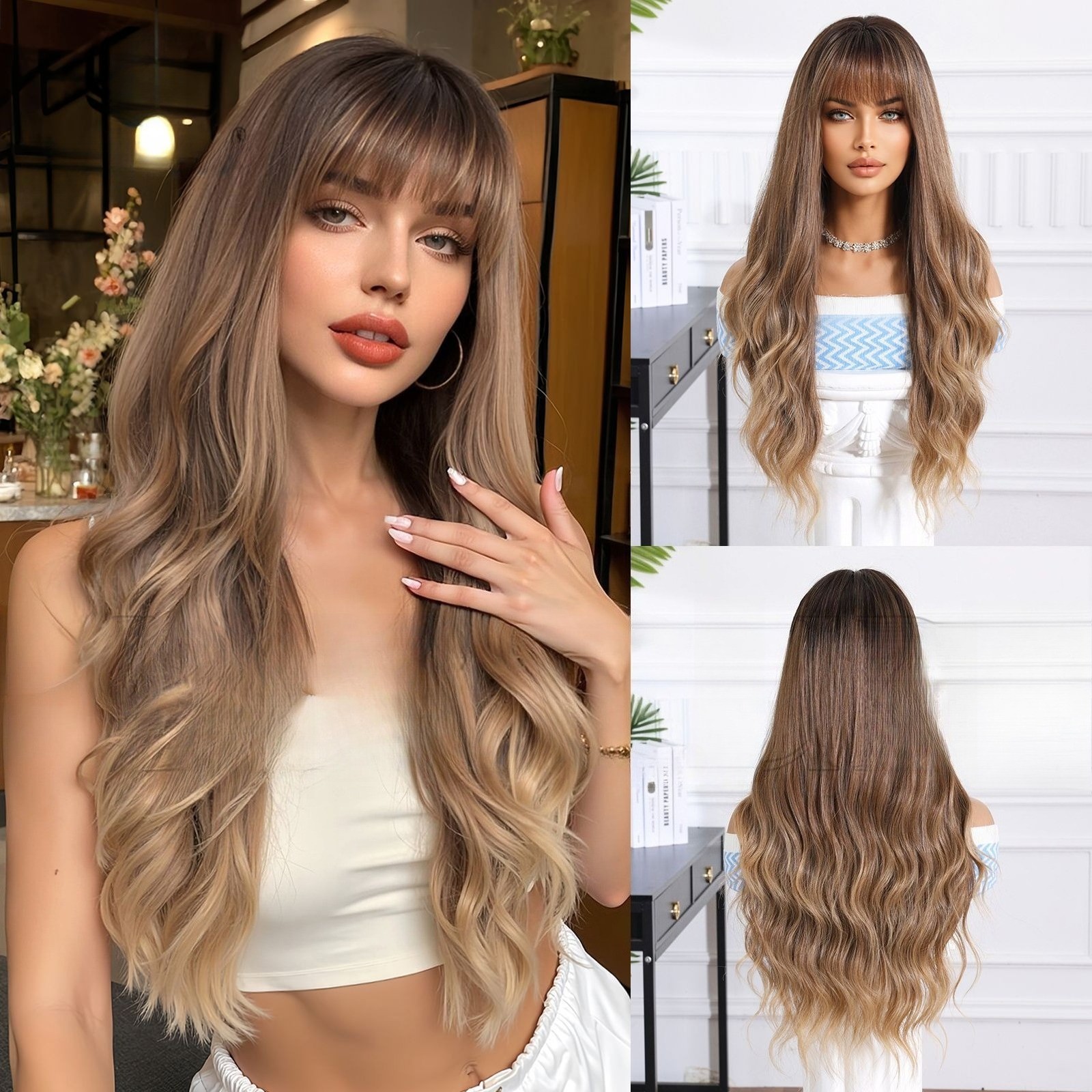 26″Heat Resistant Fiber Long Light Brown Wavy Hair for Women
