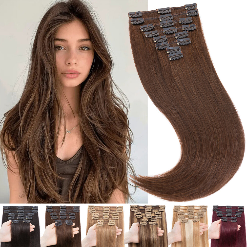 CLEARANCE Clip In 100% Human Hair Real Remy Hair Extensions Full Head 8PCS Brown