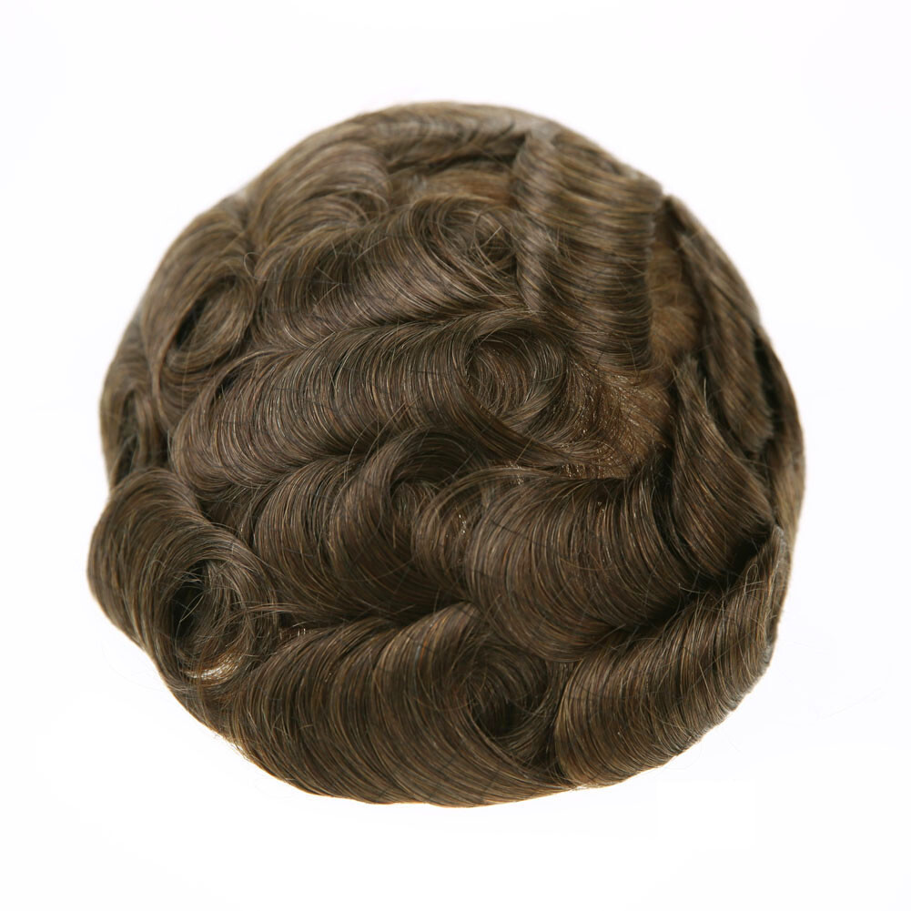 Mens Human Hair Replacement Medium Skin V-loop Scalloped Toupee Hairpiece Wig