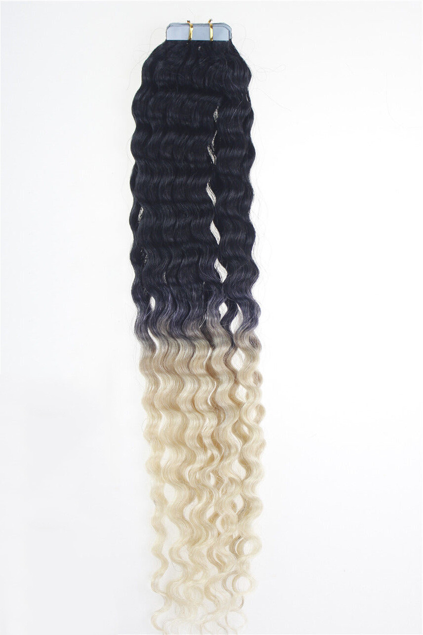Tape in Remy Human Hair Extensions Seamless Skin Weft Deep Curly Hair 18inch45cm