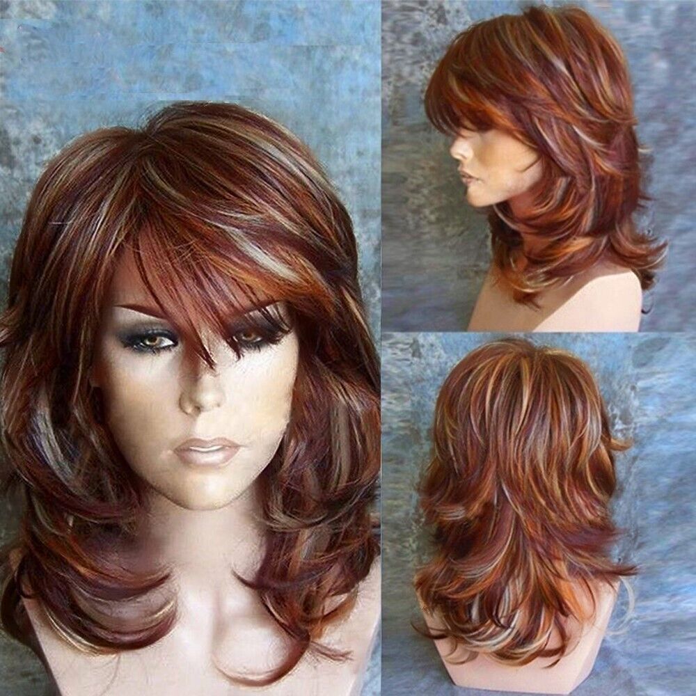 Women Girls Brown Ombre Short Curly Wigs with Bangs Fashion Natural Hair Wig US