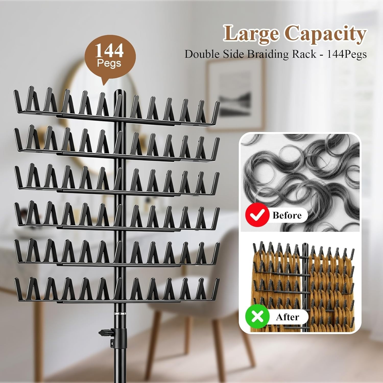 Easy Assembly Braiding Hair Organizer, 144 Pegs, Black