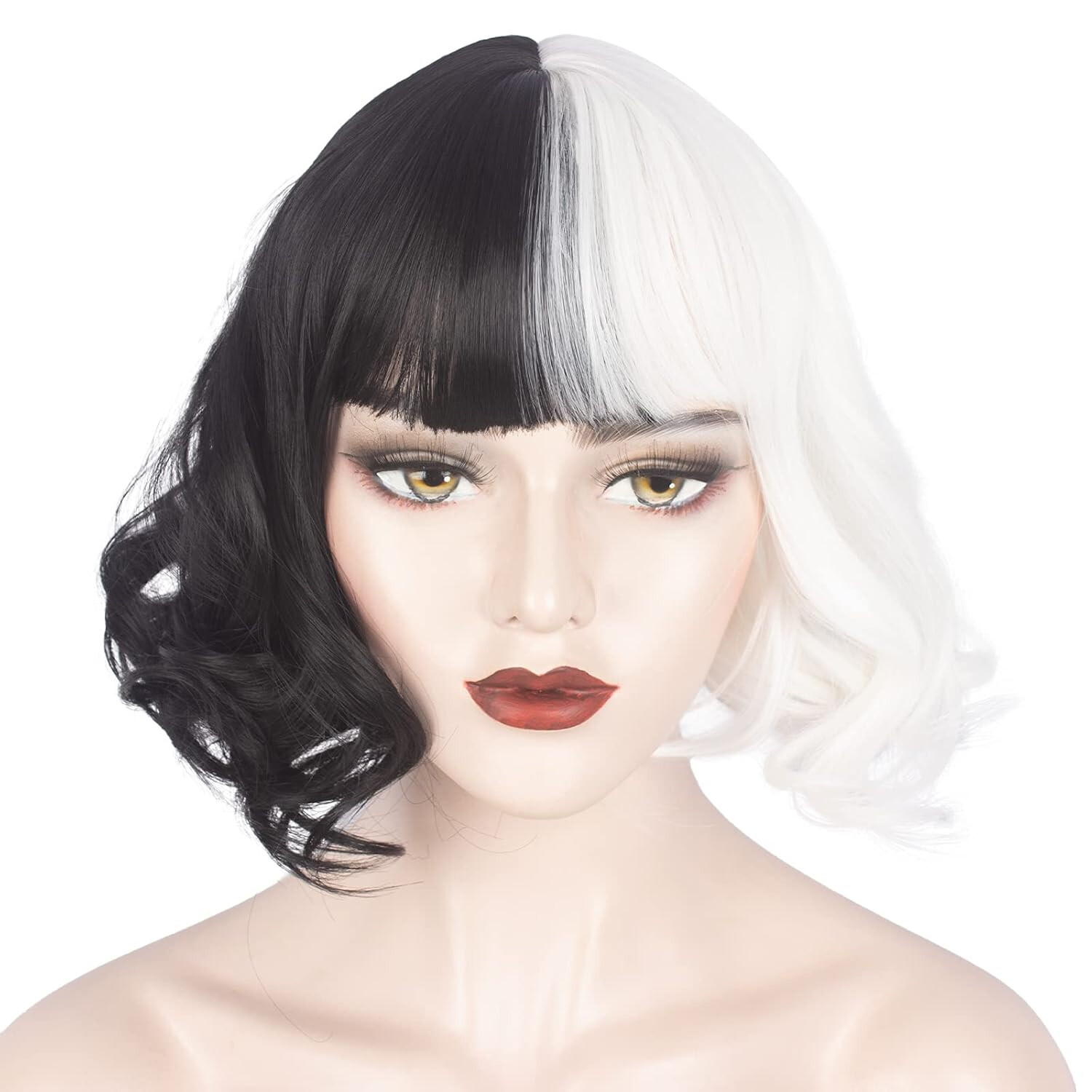 WeKen Short Half Black White Wig woman teen wavy bangs cosplay stage costume