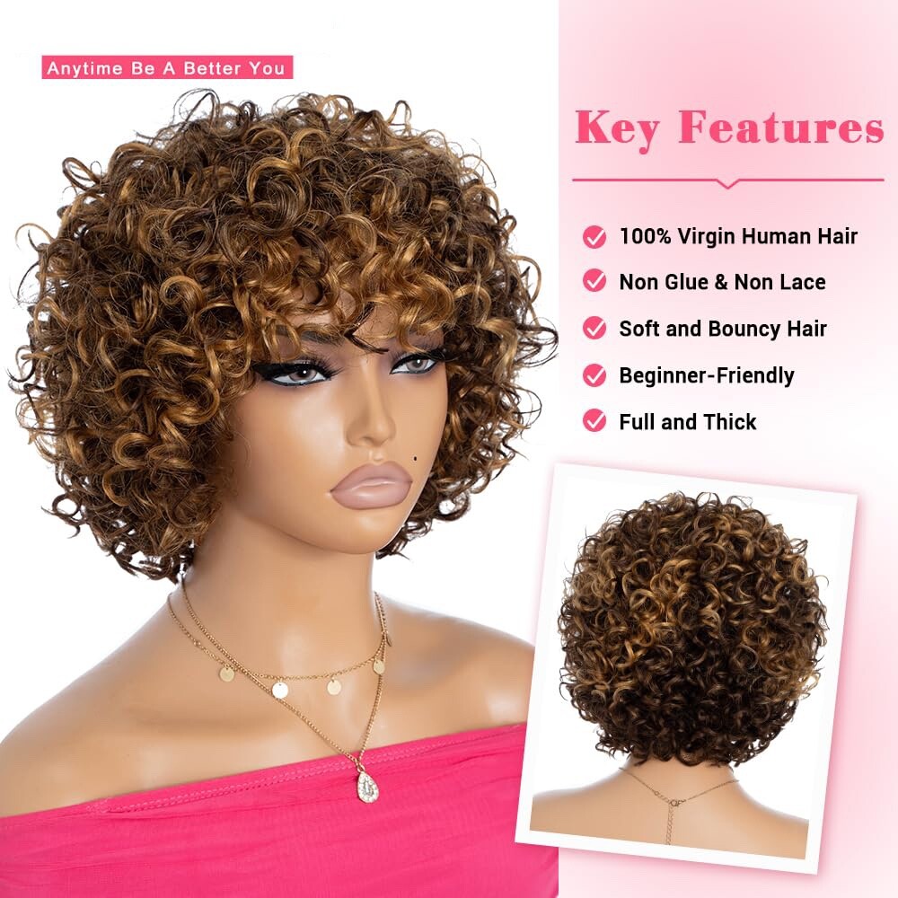 8 Inch Highlight Brown Curly Wig with Bangs, Glueless, Brazilian Hair