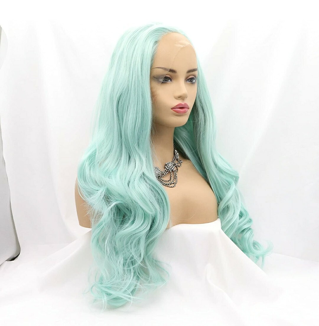 HD Lace Front Wig Mint Blue Long Layered Rainbow Human Blended Cosplay Mermaid