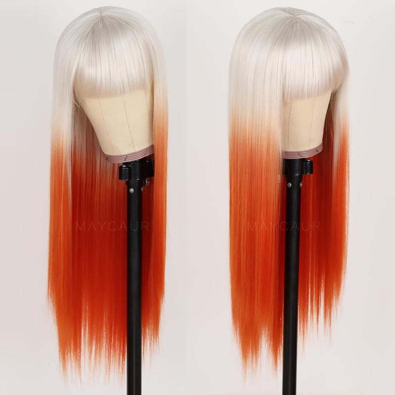 Maycaur White Orange Skunk Stripe Wigs Long Straight Synthetic Hair Wigs Full
