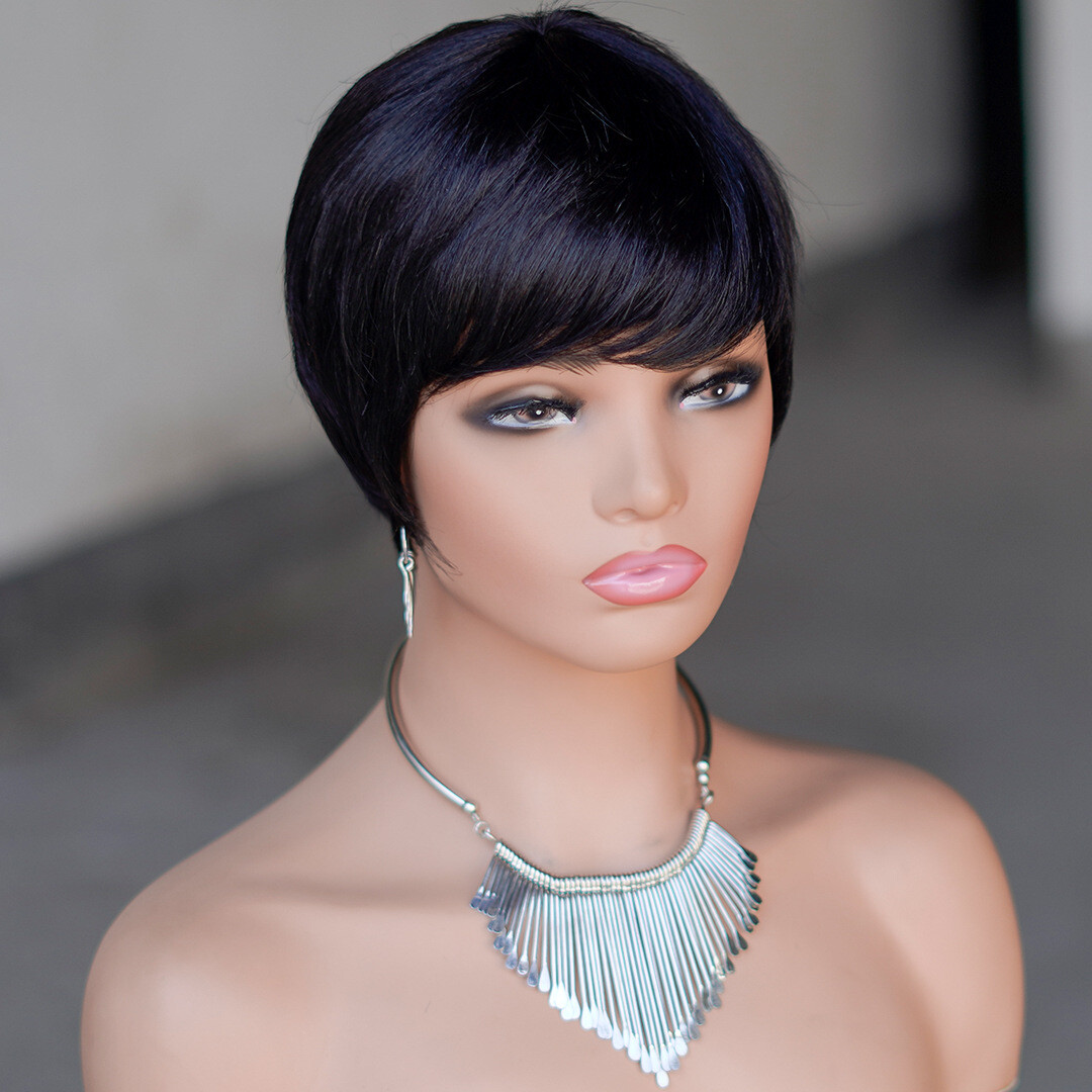 Short Pixie Cut Wigs Full Machine Made Remy Human Hair Wig With Bangs For Women