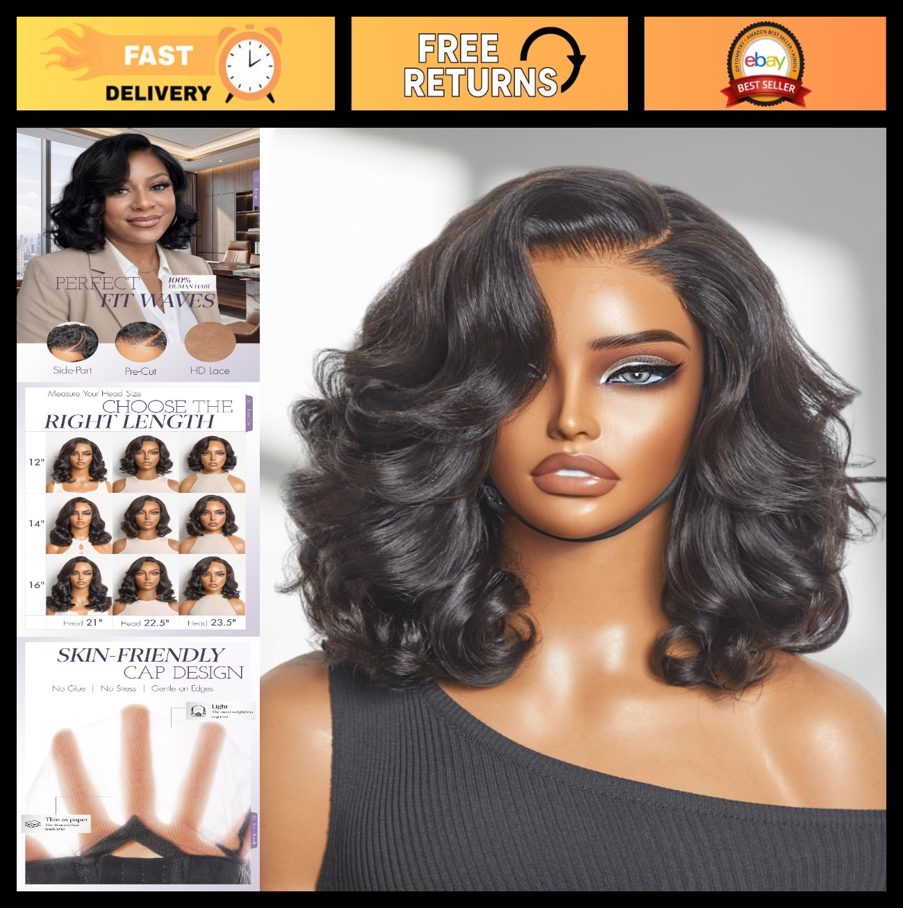 100% Human Hair Loose Wave Wig – 12″ Glueless Lace Front, Pre-Plucked, Natural C