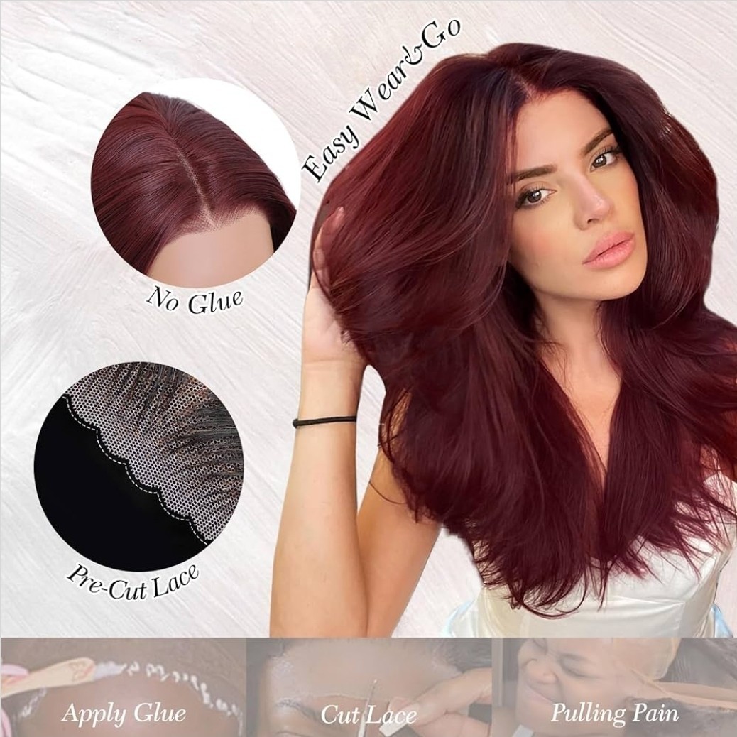 Hd Lace wig Wine Red Wig with Heat Resistant Natural Blended Hair Glueless
