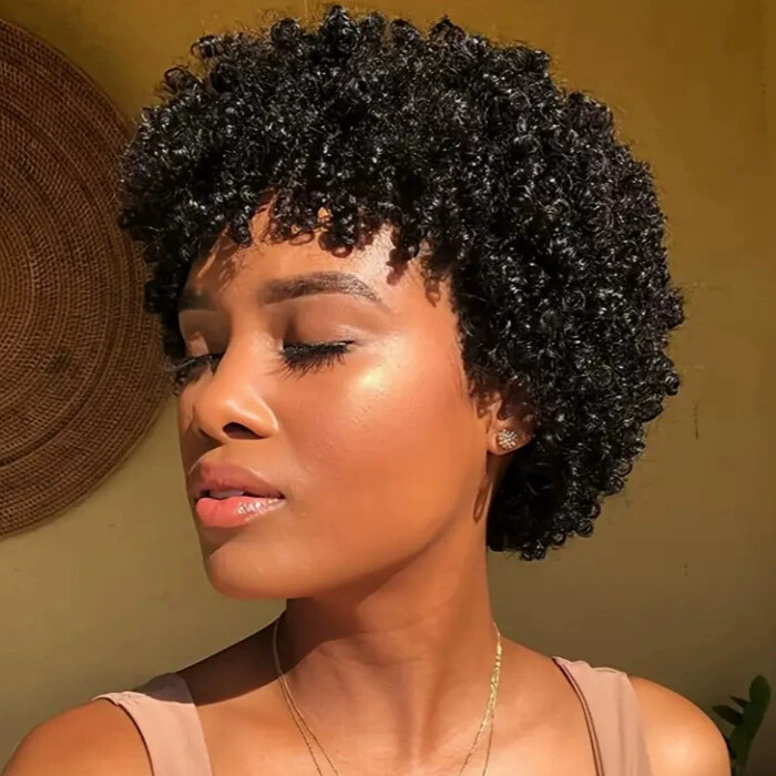 Pixie Cut Human Hair Wigs Afro Kinky Curly Black Wigs Full Machine Made Wig