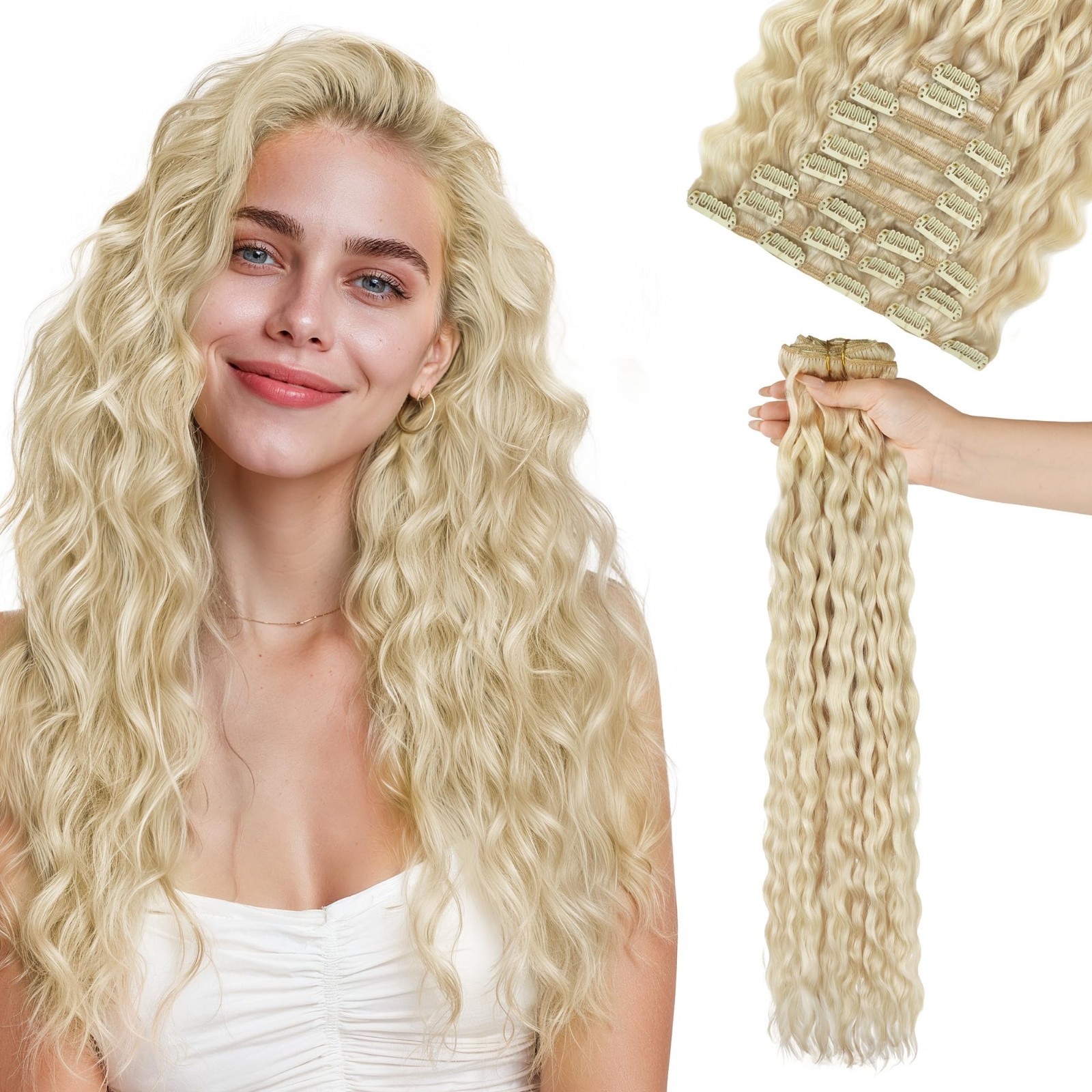 24″ Curly Clip-In Hair Extensions, Real Human Hair, 150g, 9Pcs, Platinum Blonde