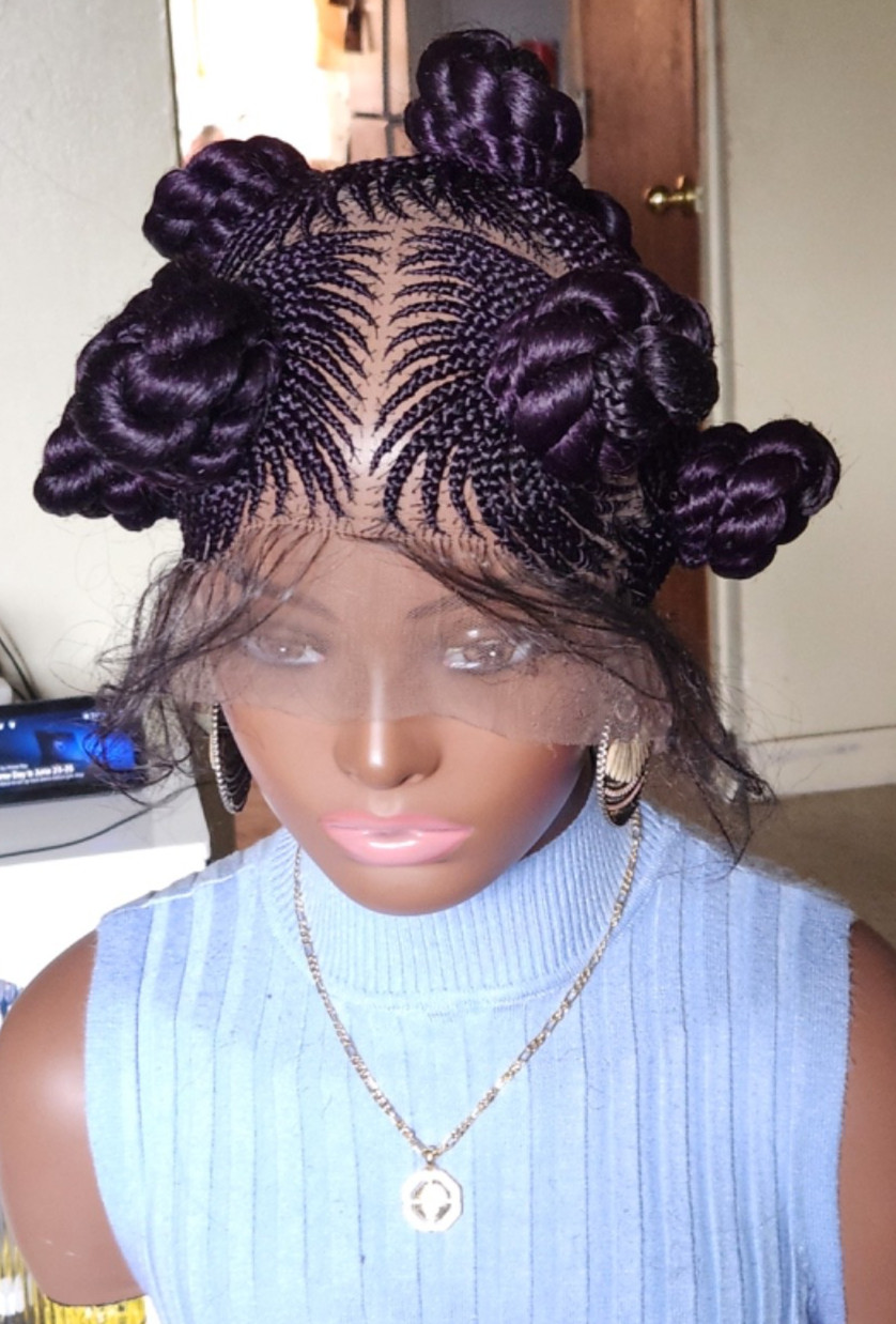 Handmade Bantu Knot Braided Full Lace Cornrow wig Dark purple