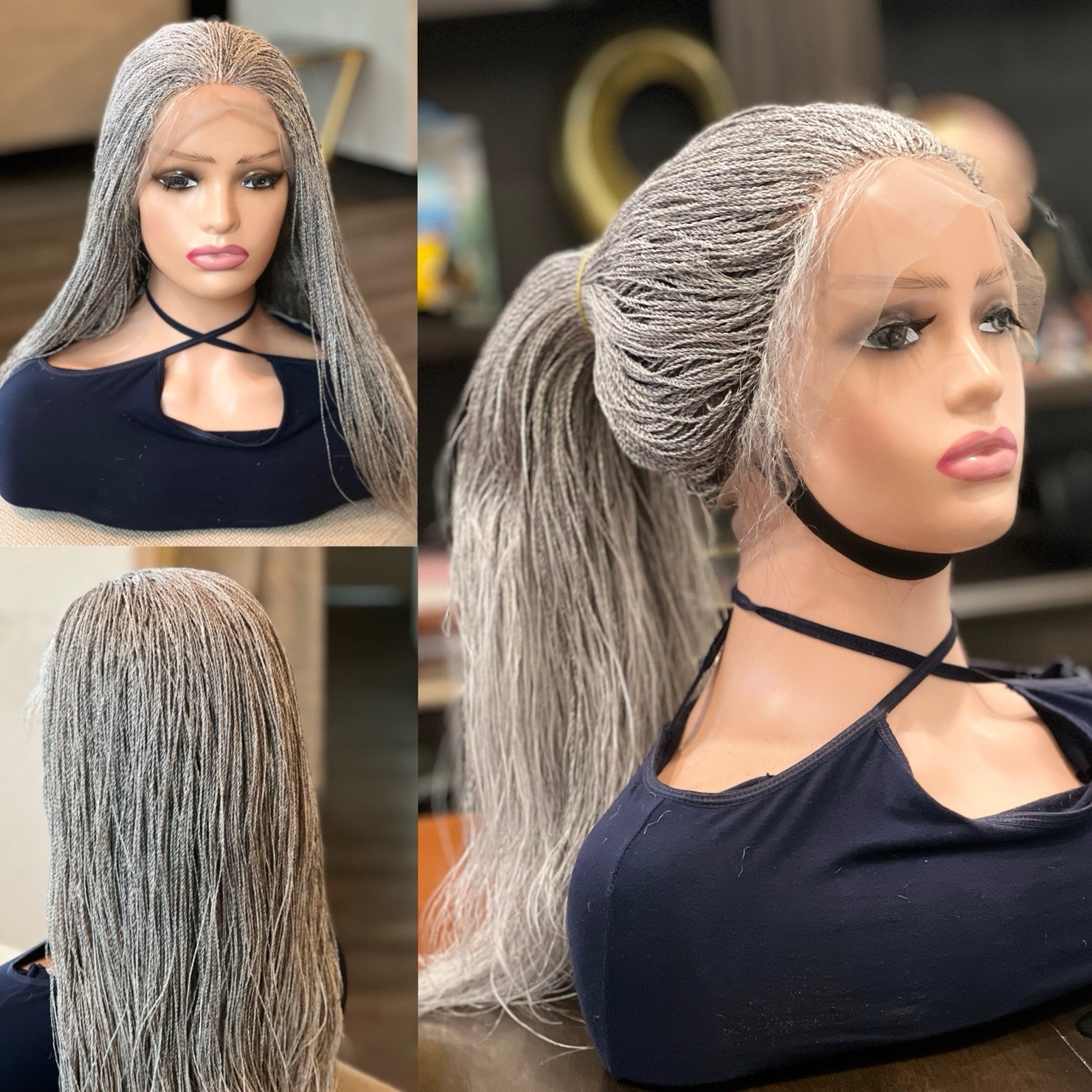 BRAIDED MICRO TWIST WIG . Made on a full lace wig.length is 28”long.gray wig