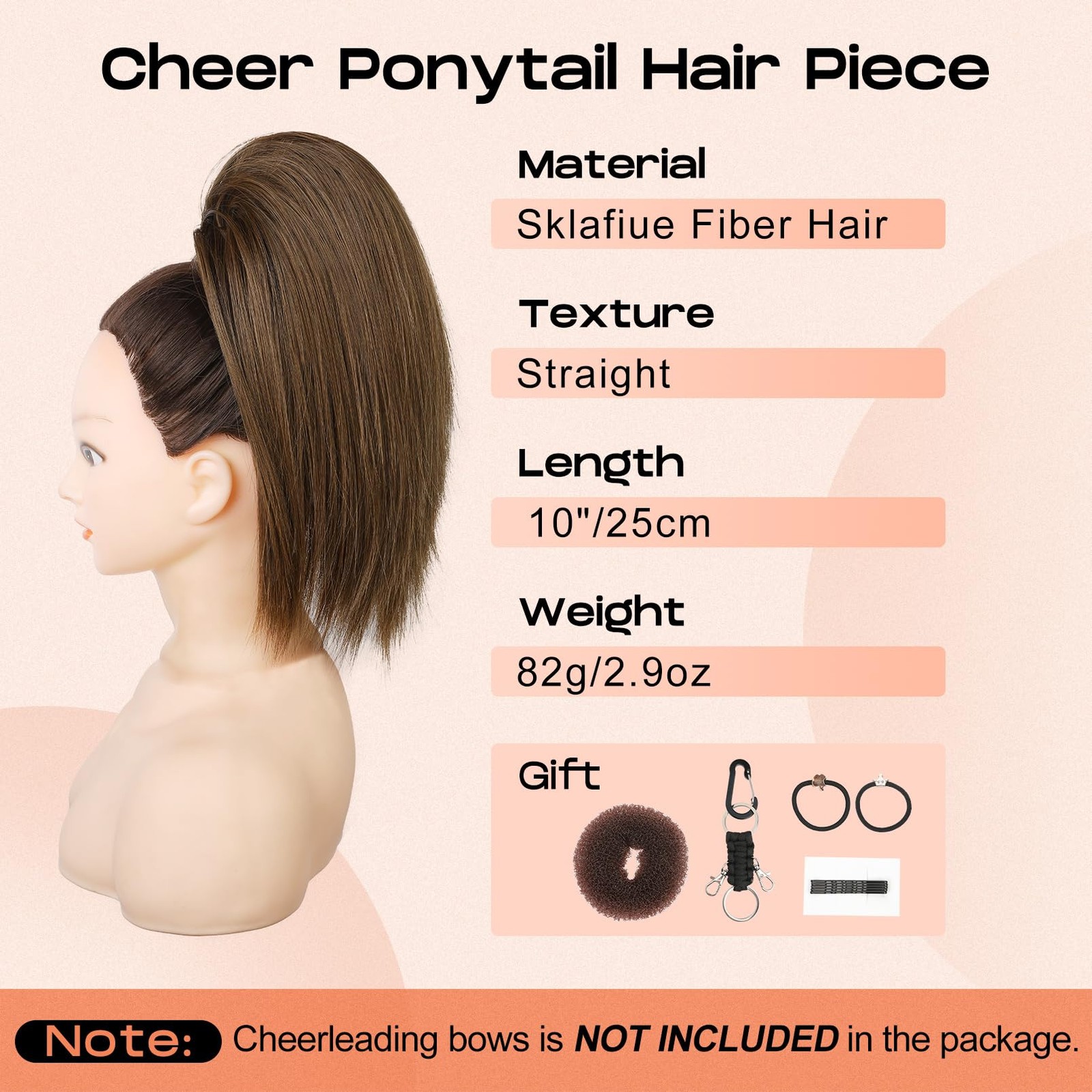 Cheer Ponytail Hair Piece, 10″ Straight Tangle-Resistant Smooth Natural Cheer…