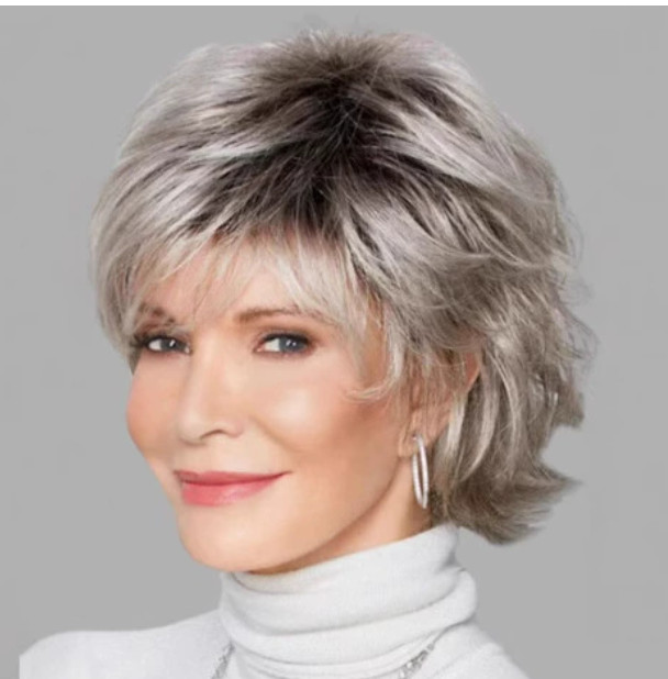 Short Layered Cut Wavy Bouncy Rooted Gray Synthetic Hair Wigs Grandma Natural