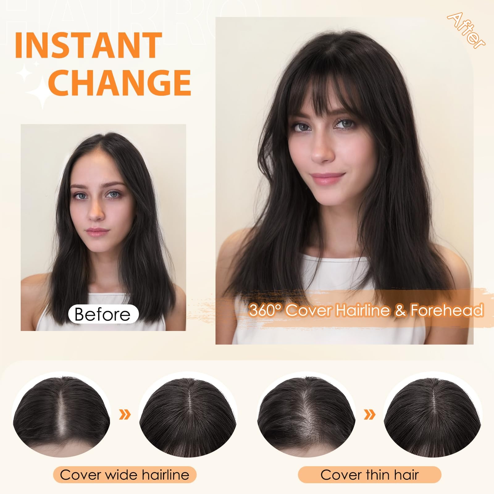 Hairro Human Hair Toppers For Women Wispy Air Bangs 3D Cover Remy Top Hair