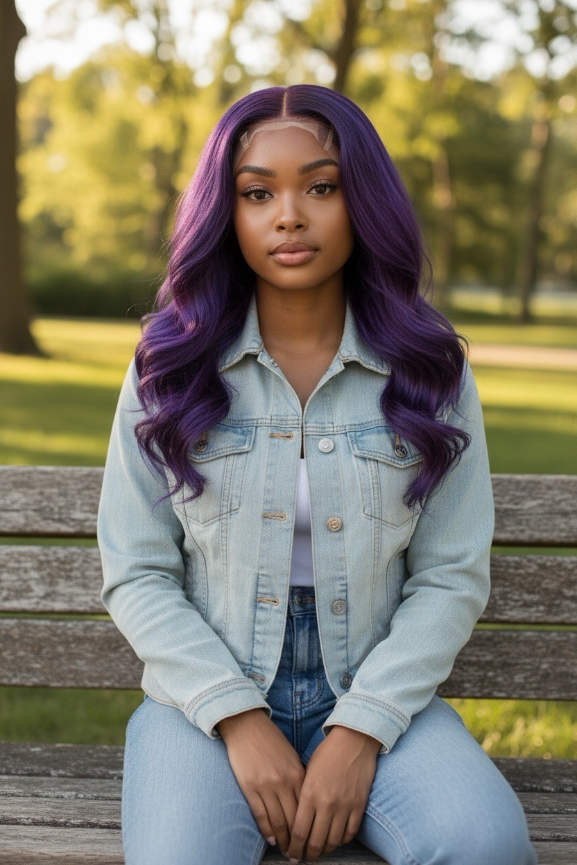 Violet Long Wavy Purple Synthetic Hair Wig Brand New