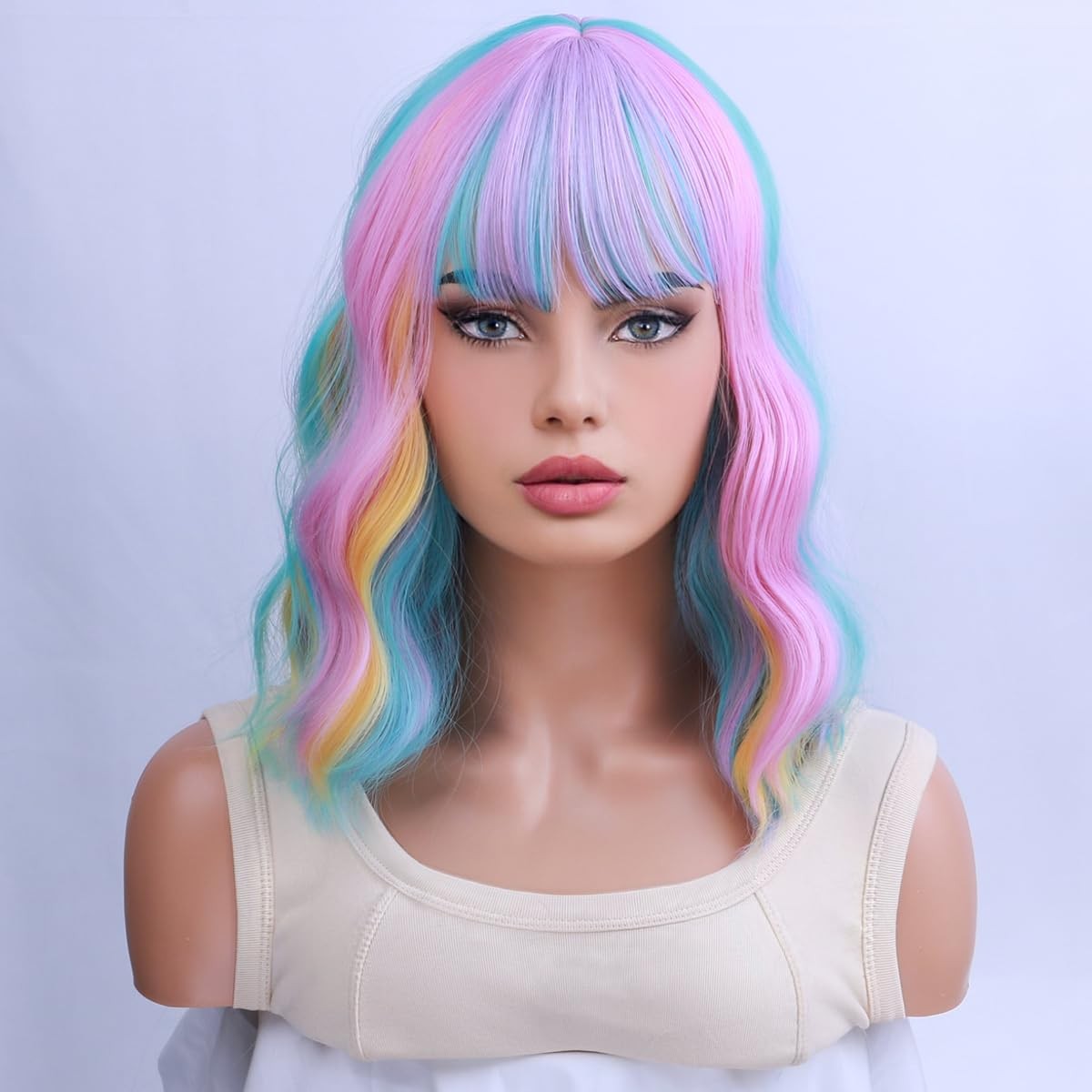 Rainbow Wigs for Women Short Curly Wavy Multi Color Wig for Girls Short Bob W…