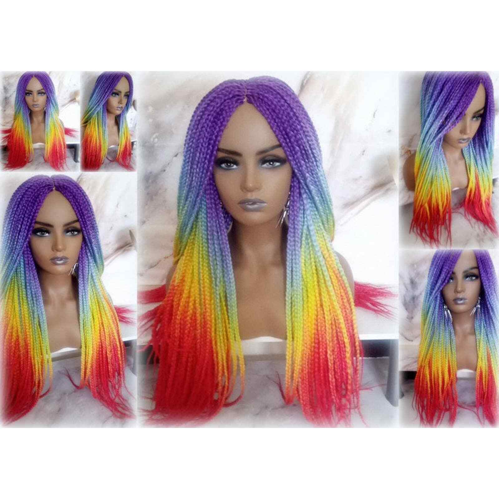 Rainbow Mermaid Purple Blue Yellow Orange Wig Box Braids hair Lace Part Pride