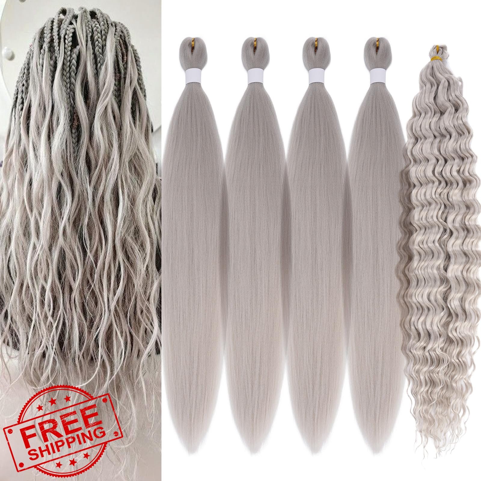 Silver Grey Braiding Hair Pre-Stretched Boho Crochet Deep Wave 5 Packs