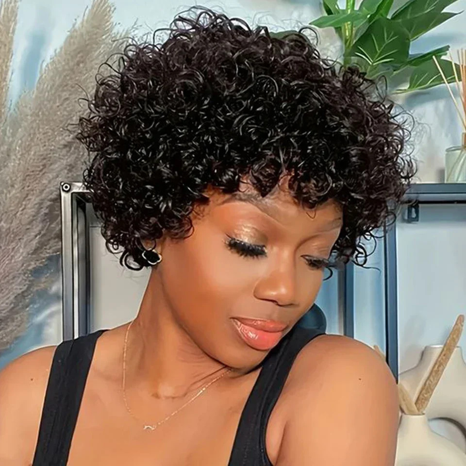 Brazilian Afro Puff Pixie Bob Wig 99J Natural Brown Human Hair For Women