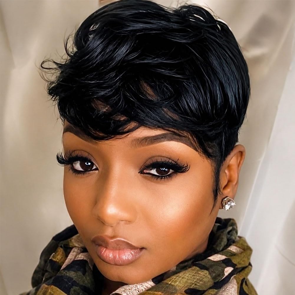 Natural Human Hair Black Pixie Cut Wig with Bangs