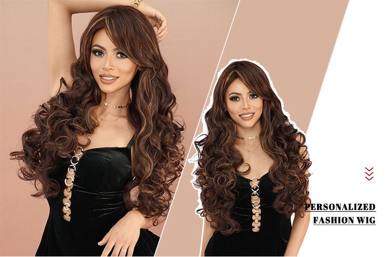 Long Wavy Wig Auburn Blonde Highlight Side Bangs Curly Full Head Daily Wear Hair
