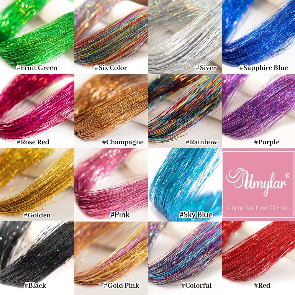 Hair Tinsel Pack of 12 Pcs Colorful Glitter Hair Accessories 20 Inch Clip in …