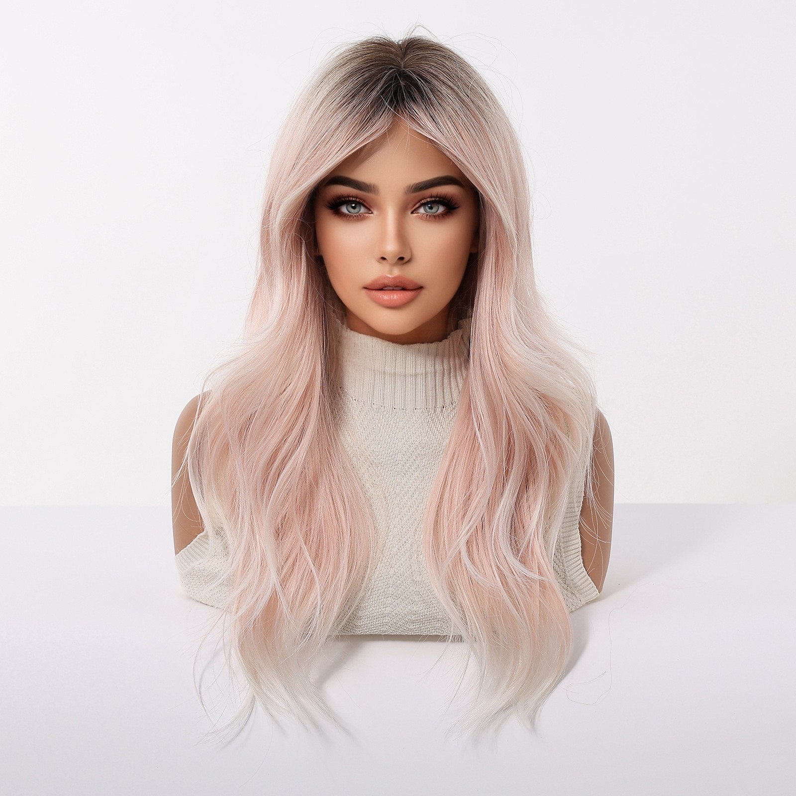 Cosplay Party Wig Ombre Light Pink Wigs With Bangs for Women Girls Syntheic Hair