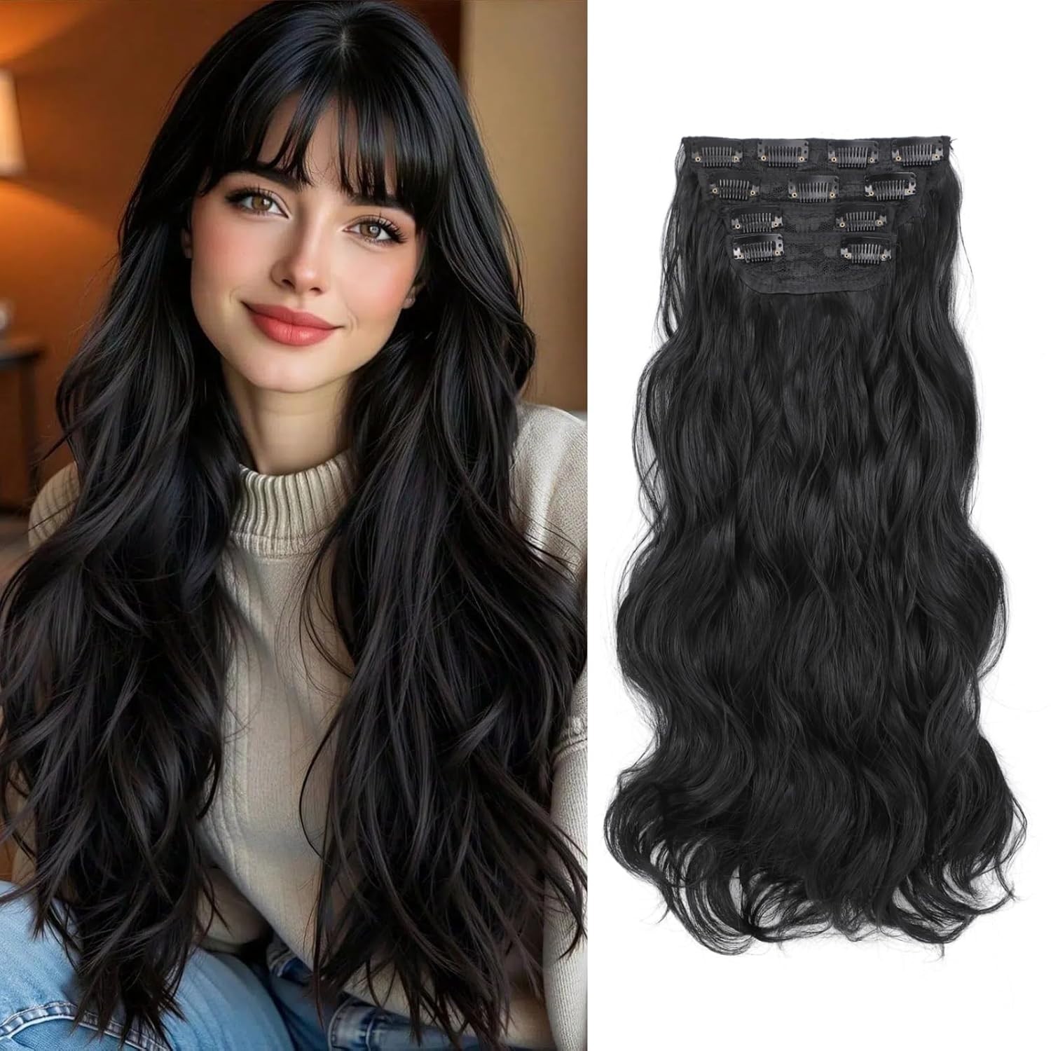 MEZIRU 20” Clip-In Hair Extensions 4pcs Wavy Synthetic Full Head Double Weft Bla