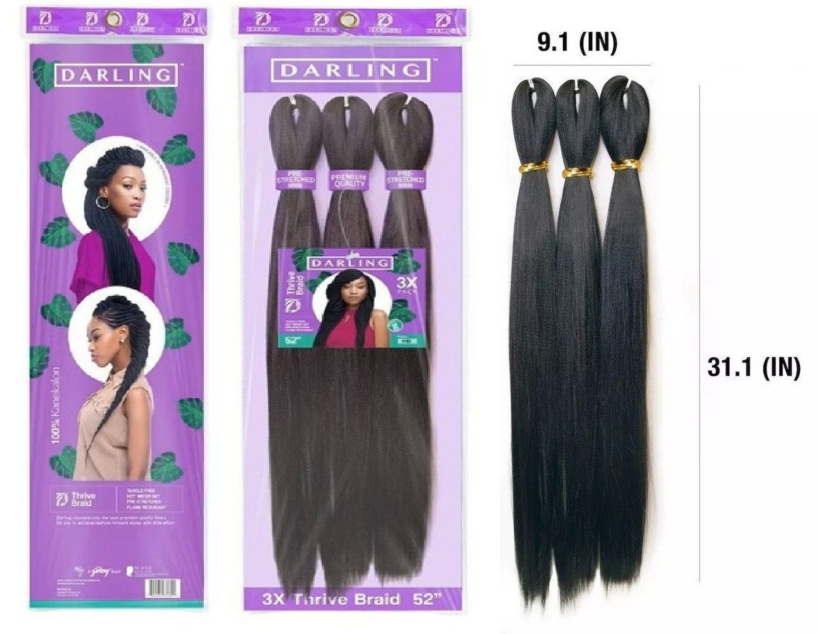 Darling 52” inch 3pk Pre-Stretched 100% Kanekalon Thrive Braid #1B Black