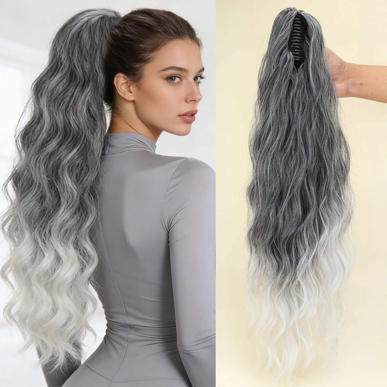 Heat Resistant Fiber Fluffy Messy Water Wave Claw Clip Ponytail Hair Extensions