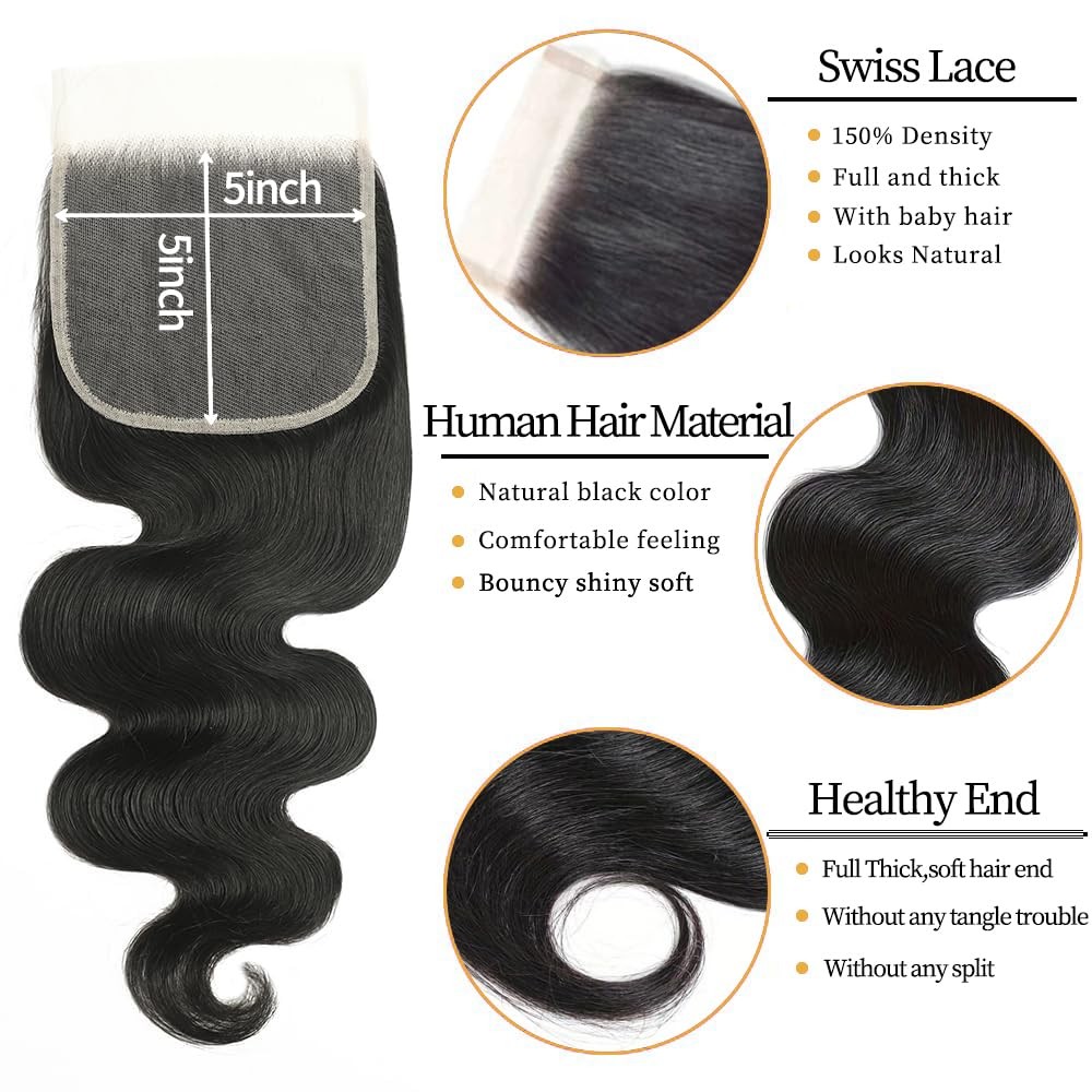 12A Human Hair Bundles with Closure 18 20 22 24+16 Inch Brazilian Body Wave 4…