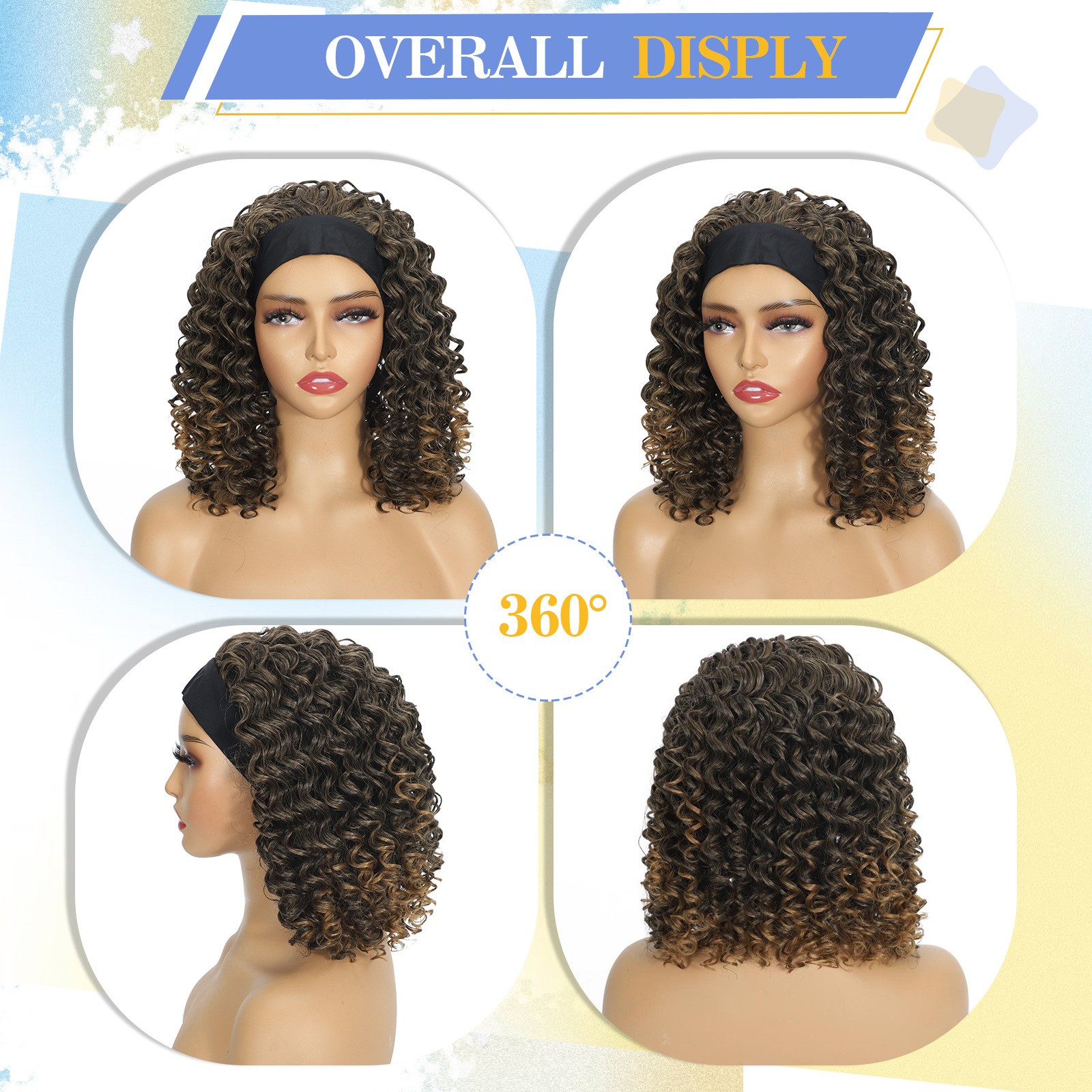 Multiple Colors African Small Curly Wig Ice Silk Band Synthetic Full Head Wig