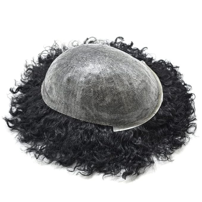Afro Toupee for Black Men 6MM Curly Brazilian Hair System PU Base 1B Black