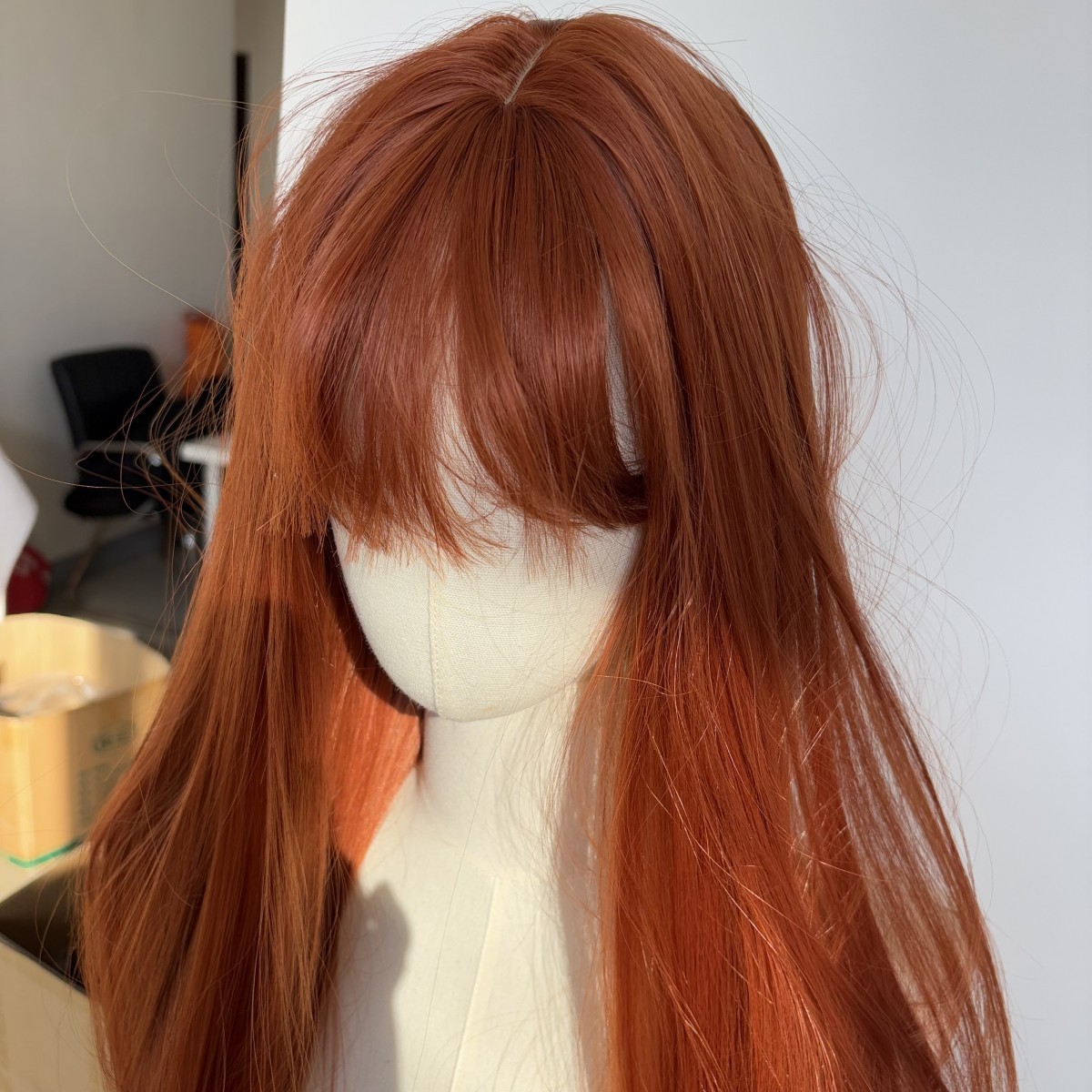 Copper Red Cosplay Party Wigs With Bangs Long Straight Synthetic Hair