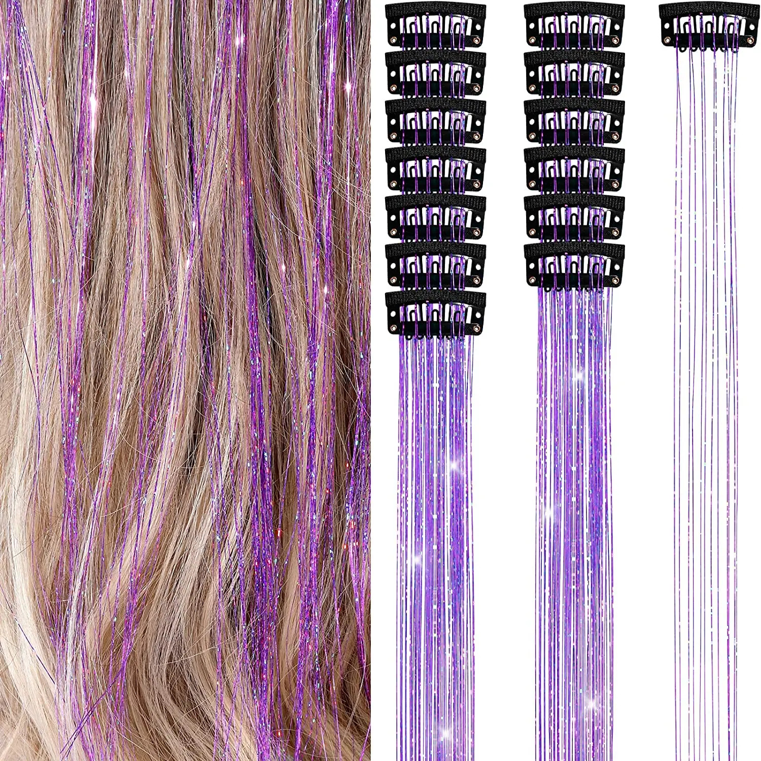 50cm Sparking Shiny Hair Tinsel Extensions Synthetic Clip In Hair Extensions