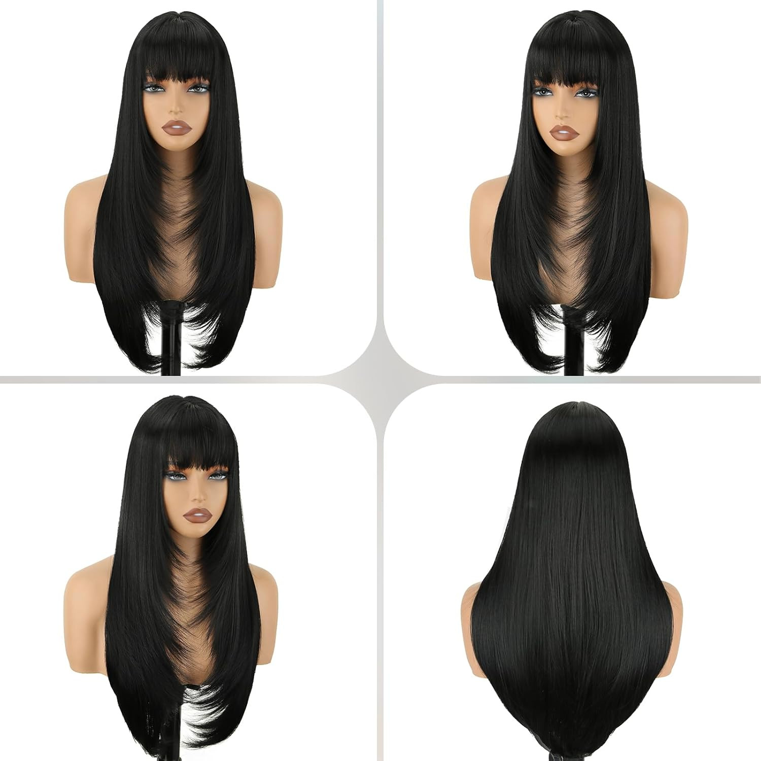 Black Long Straight Layered Wig with Bangs for Women 26 inch Put on Go Realistic