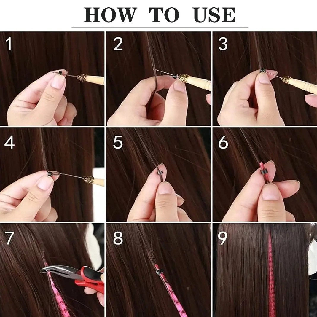 50pcs Grizzly Synthetic Feather Straight Hair Extensions 40cm With 100 Beads Set