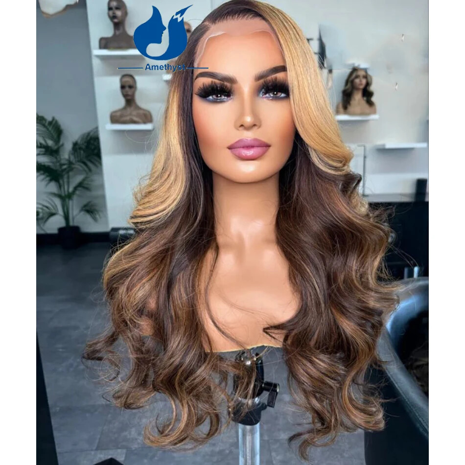 Body Wave Ombre Brown With Blonde Highlights 13X6 Lace Front Human Hair Wig Wavy