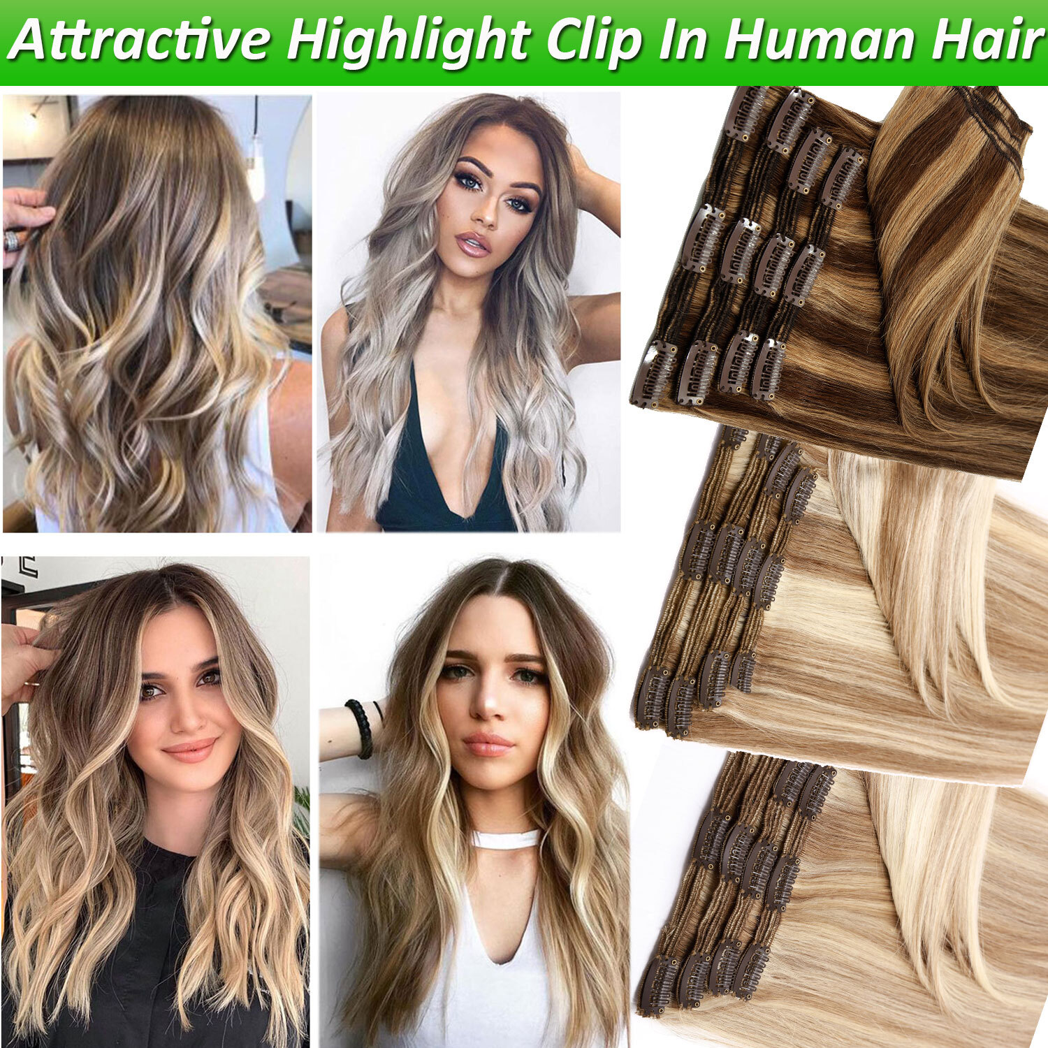 Ombre 100% Human Hair Extensions 8 Pieces Clip In Real Remy Hair 8PCS FULL HEAD