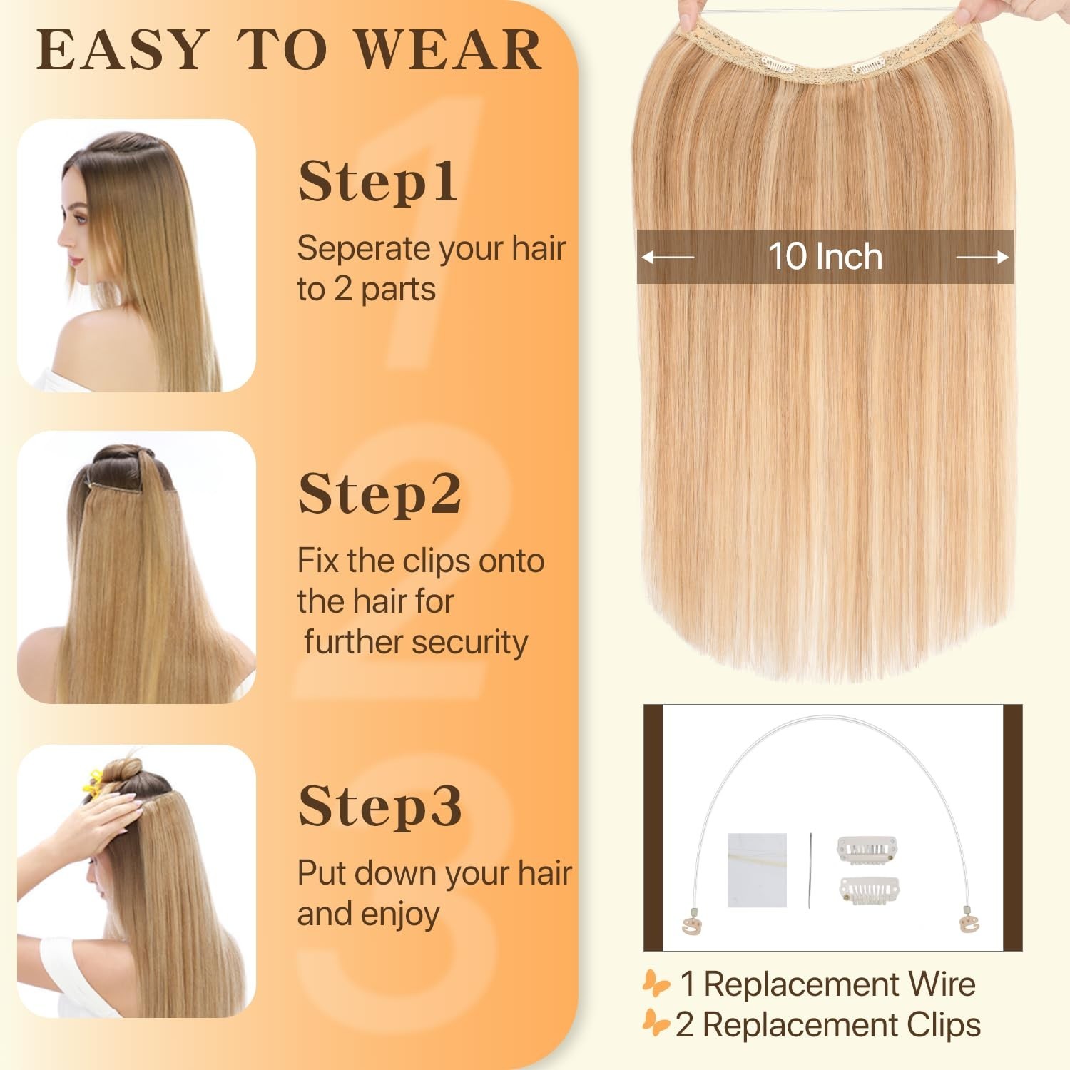 TESSHAIR Halo Straight 100% Real Human Hair Extensions * 18″ 65g *#12P613 Gold+