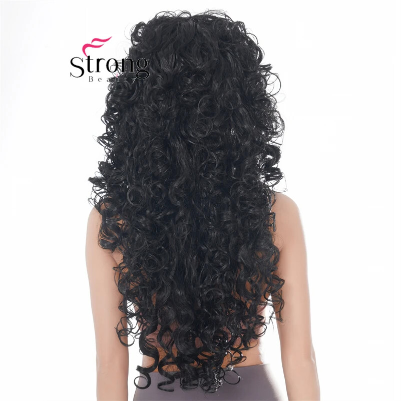 30″ Long Thick Curly Black Classic Cap Full Synthetic Wig