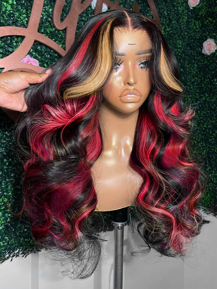 Ombre Red With Blonde Highlights Body Wave Glueless Wigs Human Hair Burgundy Red
