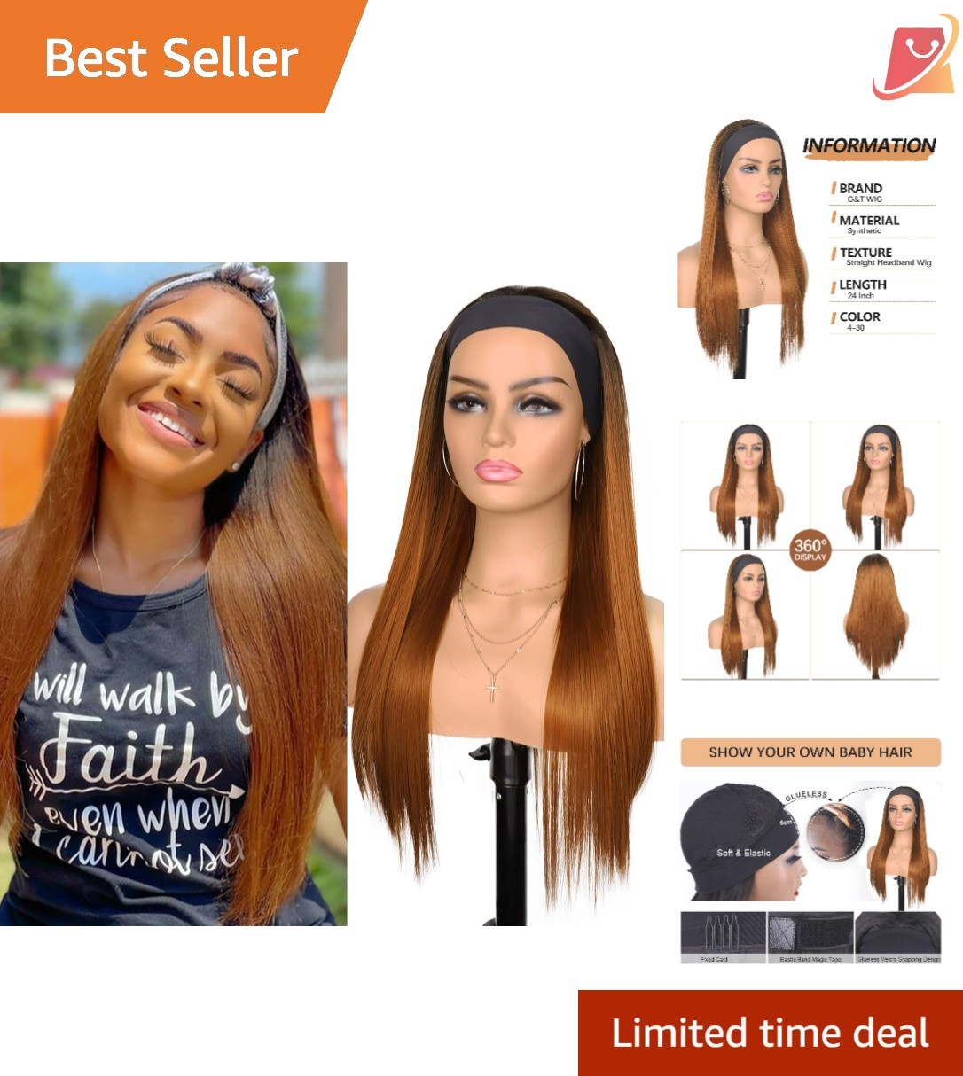 Headband Wig Synthetic Straight Brown 4/30 Long Natural Look Daily Wear